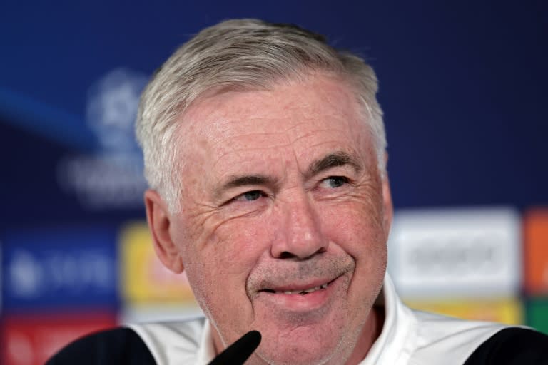 L'entraîneur italien du Real Madrid Carlo Ancelotti en conférence de presse au stade Santiago-Bernabeu, le 27 mai 2024 à Madrid (Thomas COEX)