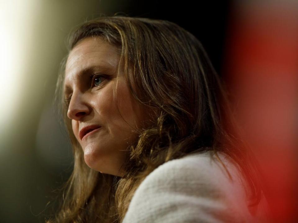 Deputy Prime Minister and Finance Minister Chrystia Freeland addresses a crowd at the Empire Club of Canada in Toronto on Thursday. (Cole Burston/The Canadian Press - image credit)