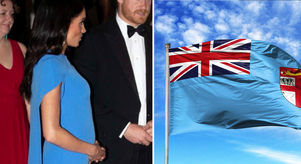 Meghan Markle matched the Fijan flag with her outfit. [Photo: Twitter/Getty]