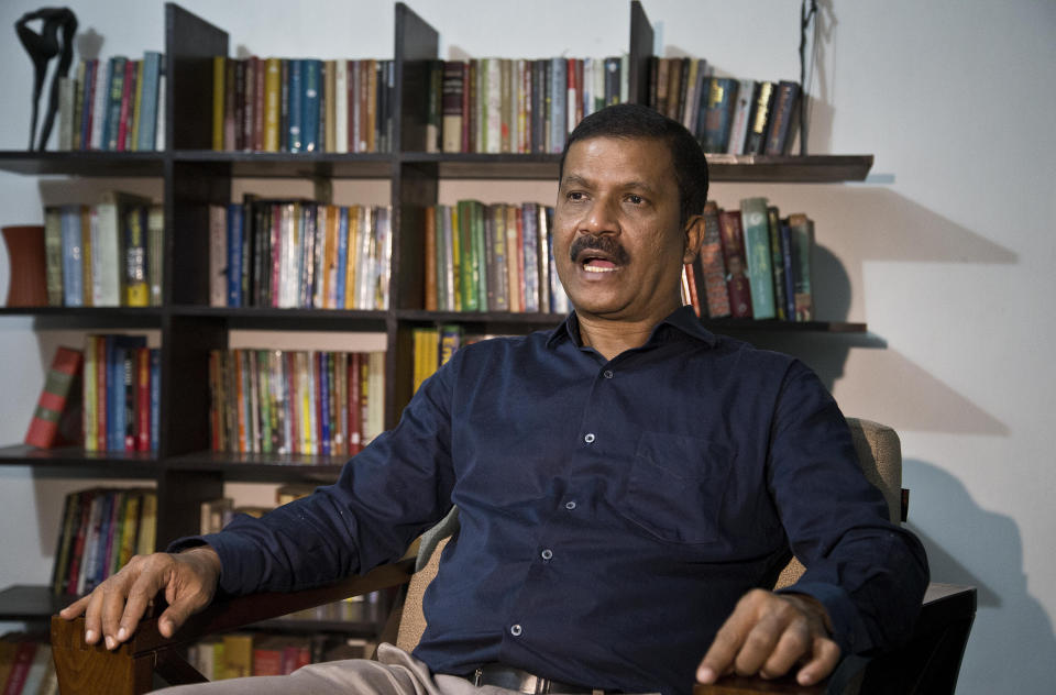 In this Tuesday, Jan. 1, 2019 photo, Asif Nazrul, a law professor at Dhaka University and a government critic, speaks to the Associated Press in Dhaka, Bangladesh. While Sheikh Hasina is set to begin her third consecutive term as Bangladesh's prime minister following a landslide election victory, critics say having such an overwhelming majority in parliament could create space for her to become even more authoritarian. "When you say that we'll give you development but you have to sacrifice your rights, you have to sacrifice your voice," said Nazrul. "Because if you look at the constitution of India, Bangladesh, Sri Lanka, Nepal, nowhere is it written that we are going to give you development but forget your political and civil rights." (AP Photo/Anupam Nath)