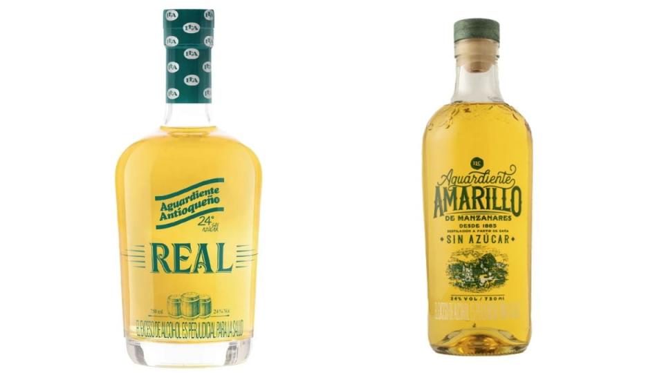 El Aguardiente Real de color amarillo (izq.) debe salir del mercado por competencia desleal con el de Manzanares. Imagen: FLA e Industria Licorera de Caldas