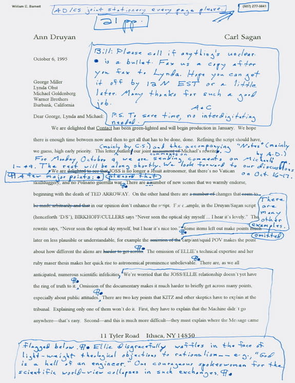 A letter written by Carl Sagan and Ann Druyan to Warner Brothers' production team in 1995 about the movie that would become 'Contact.'