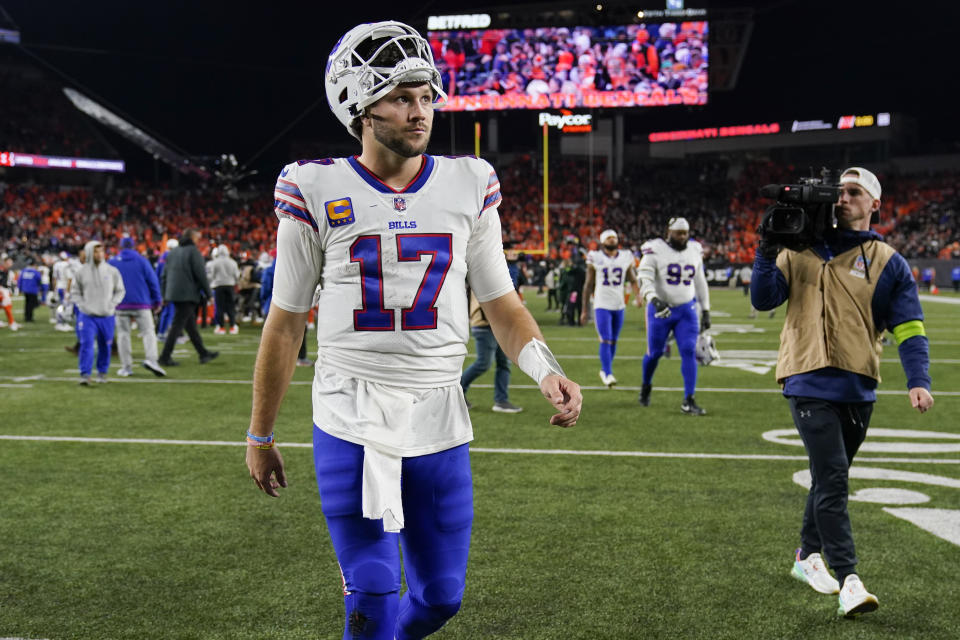 Buffalo Bills quarterback Josh Allen leaves the field after an NFL football game against the Cincinnati Bengals, Sunday, Nov. 5, 2023, in Cincinnati. The Bengals won 24-18. (AP Photo/Carolyn Kaster)