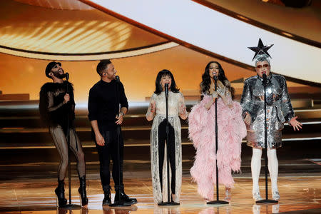 Conchita Wurst, Måns Zelmerlöw, Gali Atari, Eleni Foureira and Verka Serduchka perform during the Grand Final of the 2019 Eurovision Song Contest in Tel Aviv, Israel May 18, 2019. REUTERS/Ronen Zvulun