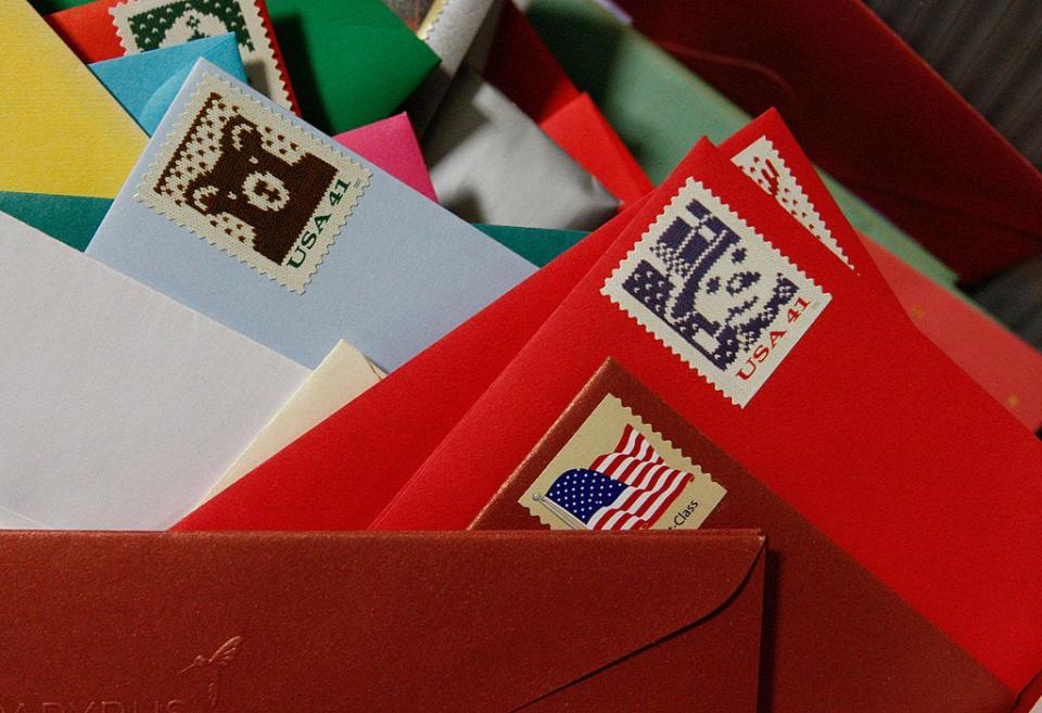 Holiday cards sit in a bin at the U.S. Post Office on December 17, 2007 in San Francisco, California.