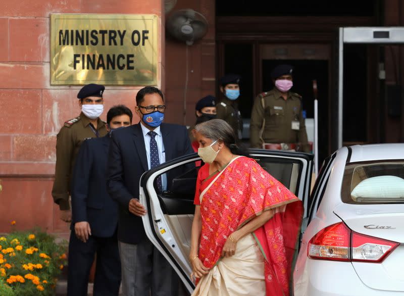 India's Finance Minister Nirmala Sitharaman arrives at the finance ministry before she leaves to present the federal budget in the parliament in New Delhi