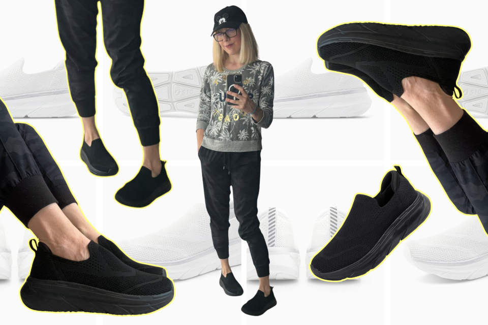 black amazon sneakers, black STQ Walking Shoes for Women Slip on Platform Sneakers Comfortable Breathable Shoes, blonde woman wearing black sneakers, black pants, grey sweater and black baseball cap, I've been wearing these STQ slip-on walking shoes for months — here's my honest review (Photos via Amazon & Sarah DiMuro)