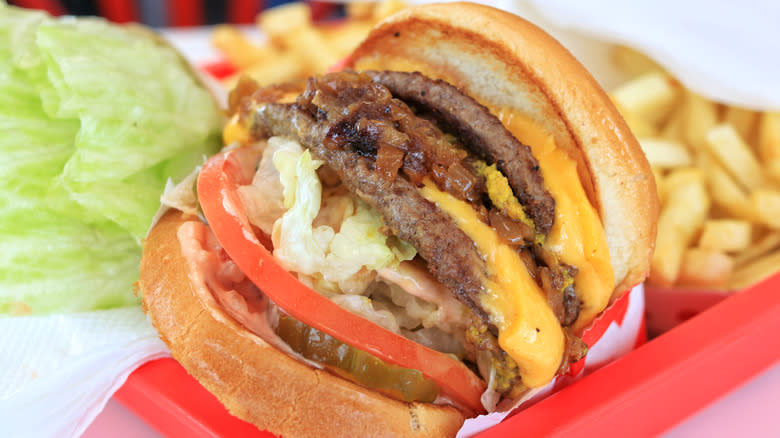 In-N-Out burger, lettuce, fries