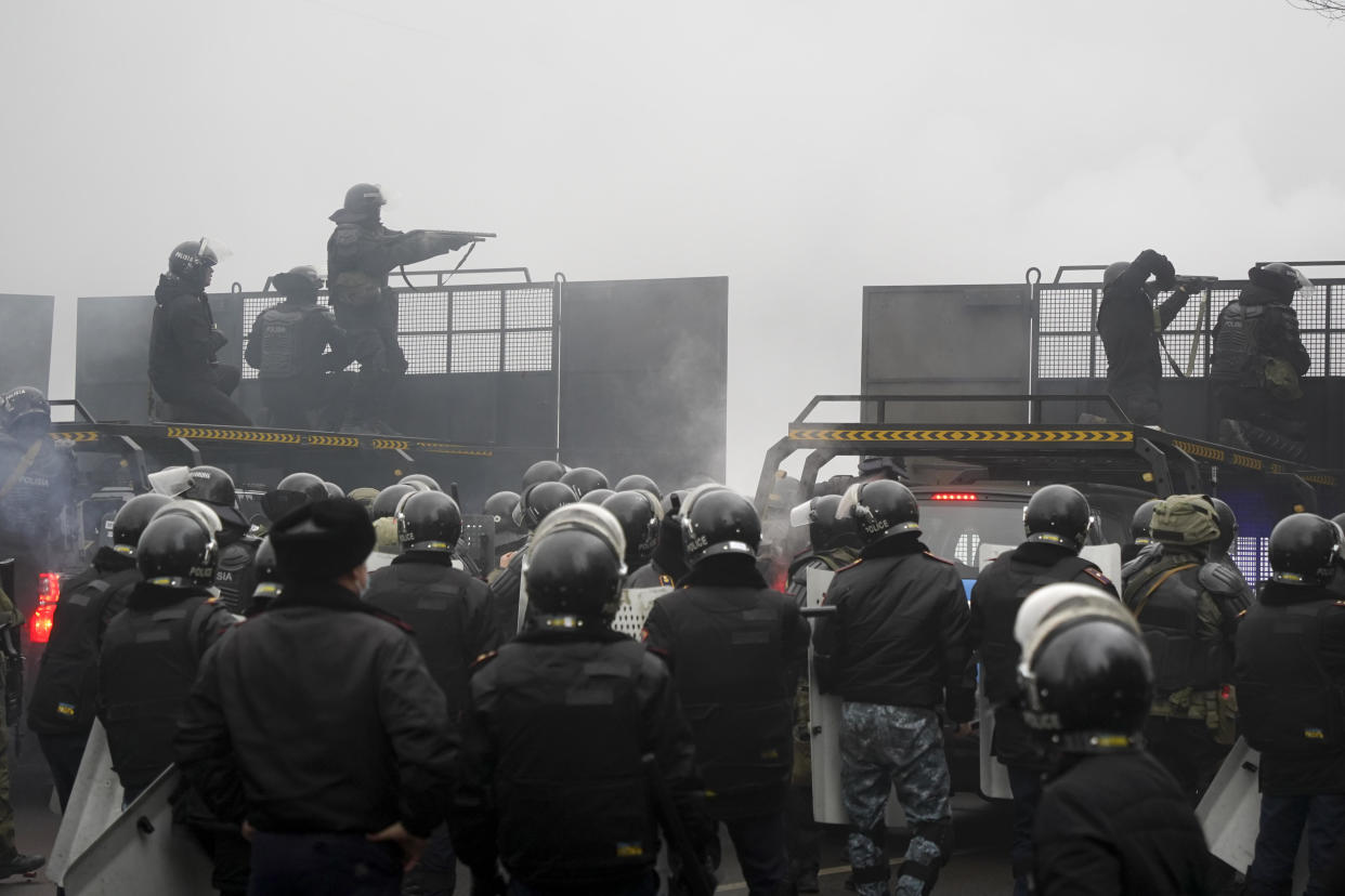 Riot police block a street to stop demonstrators during a protest in Almaty, Kazakhstan, January 5, 2022. / Credit: Vladimir Tretyakov/AP