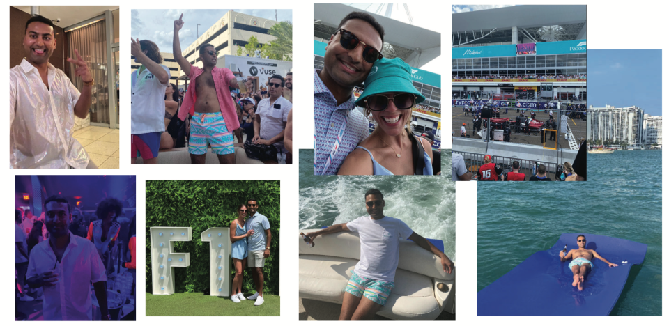 Federal prosecutors submitted these photos of Amit Patel at his trip to Miami for a Formula 1 race in May 2022 to show his luxury lifestyle before his sentencing Tuesday. Patel was fired as finance manager for the Jacksonville Jaguars during an investigation that showed he stole about $22 million from the team.