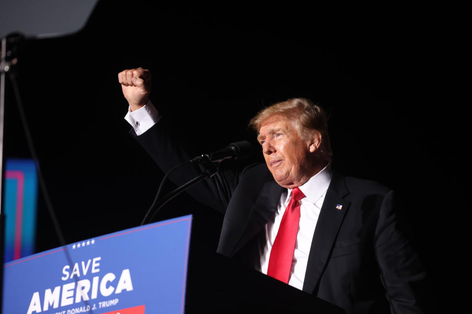 DES MOINES, IOWA - OCTOBER 09: Former President Donald Trump speaks to supporters during a rally at the Iowa State Fairgrounds on October 09, 2021 in Des Moines, Iowa. This is Trump's first rally in Iowa since the 2020 election.  (Photo by Scott Olson/Getty Images)