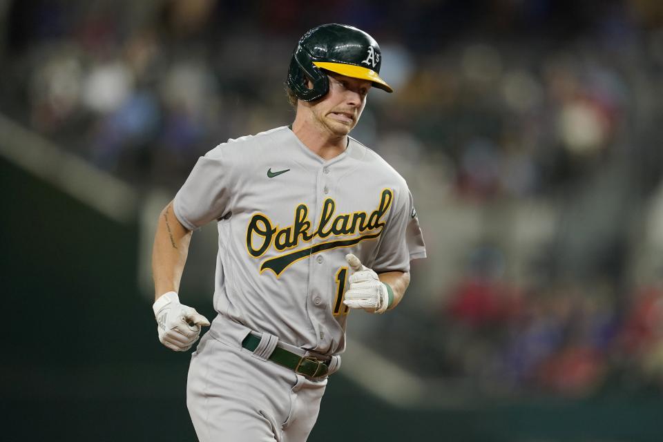 Oakland Athletics' Skye Bolt rounds the bases after hitting a solo home run in the ninth inning of a baseball game against the Texas Rangers, Wednesday, July 13, 2022, in Arlington, Texas. (AP Photo/Tony Gutierrez)