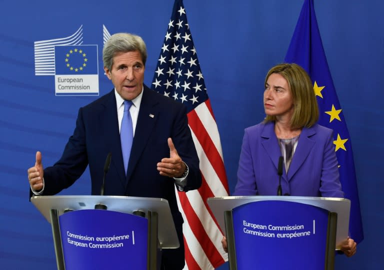 US Secretary of State John Kerry (left) and EU foreign affairs head Federica Mogherini hold a joint press conference in Brussels on June 27, 2016