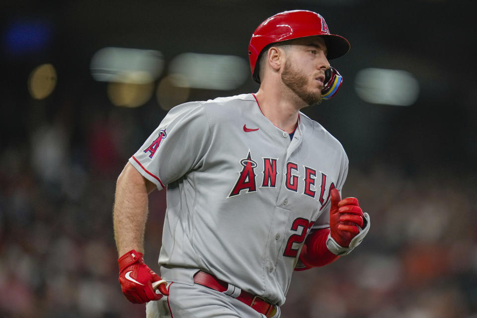 Los Angeles Angels' C.J. Cron runs the bases after hitting a solo home run against the Houston Astros during the second inning of a baseball game Friday, Aug. 11, 2023, in Houston. (AP Photo/Eric Christian Smith)