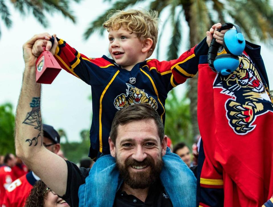 Florida Panthers fans arrive to a watch party at the Amerant Bank Arena before their team plays against the Edmonton Oilers in Game 4 of the NHL Stanley Cup Final.