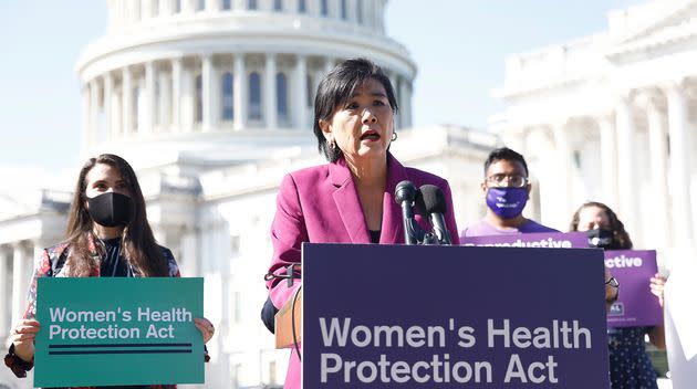 Rep. Judy Chu (D-Calif.) speaks at an event on behalf of the over 400,000 people who signed petitions to urge the Senate to protect abortion rights at an event outside of the U.S Capitol Building on Sept. 29. (Photo: Paul Morigi via Getty Images)