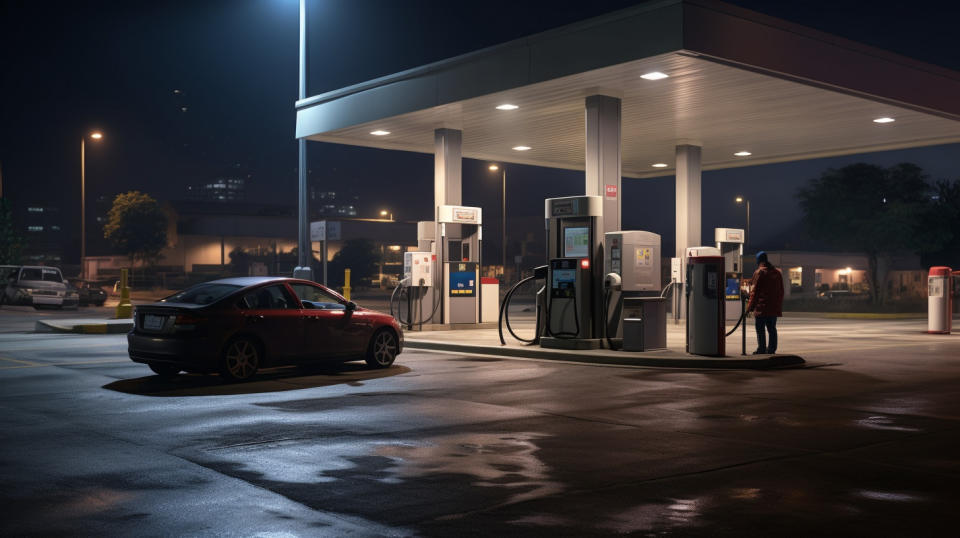 A customer happily filling up their tank at the Wholesale Club's gasoline station.