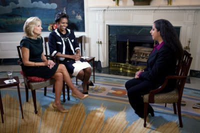 First Lady Michelle Obama and Dr. Jill Biden during an interview with Yahoo! Shine Senior Editor Lylah M. Alphonse in the Diplomatic Room of the White House, Nov. 2, 2011. (Official White House Photo by Lawrence Jackson)