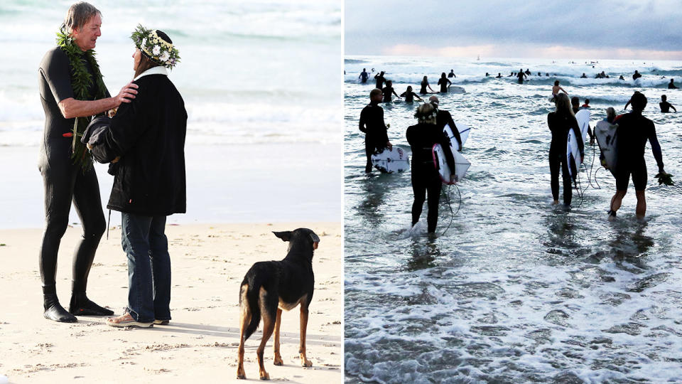 Alex Pullin's parents, pictured here being joined by hundreds of mourners at Palm Beach.