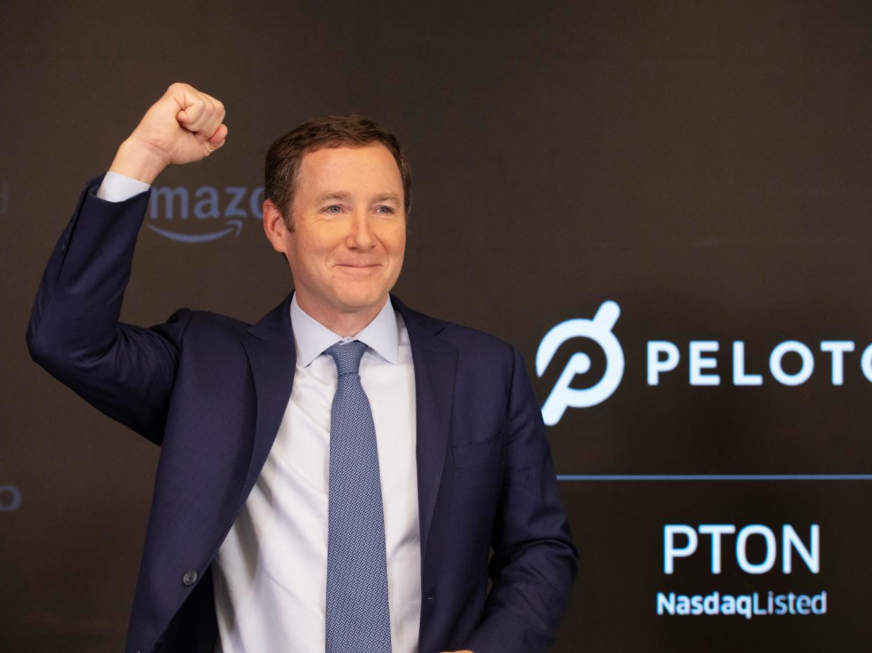 Peloton co-founder John Foley celebrates at the NASDAQ MarketSite on Sept. 26, 2019, the day of the company's IPO.