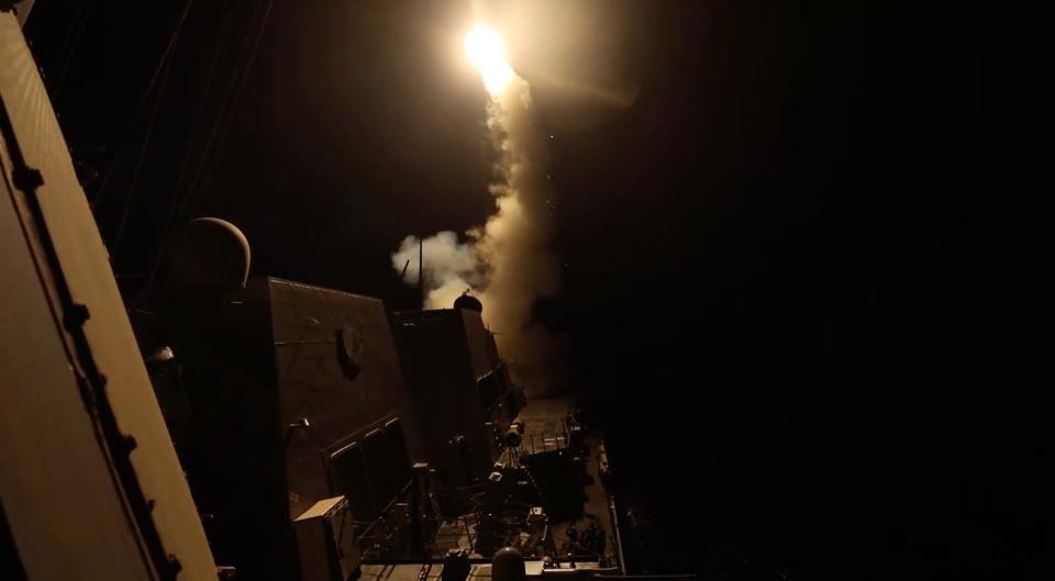 A missile launches from a US Navy destroyer in the Red Sea in February.