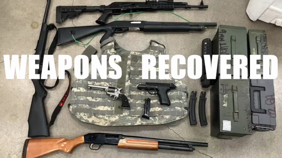 Video shared by the San Bernardino Police Department on social media shows the firearms and other items recovered from a home where an illegal gambling operation was found. It’s unclear when and where the bust happened.