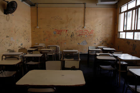 An empty classroom is seen at a public school as thousands of teachers took to the streets, delaying the first day of school for millions of children, as part of a two-day national strike demanding a wage increase, in Buenos Aires, Argentina. REUTERS/Martin Acosta