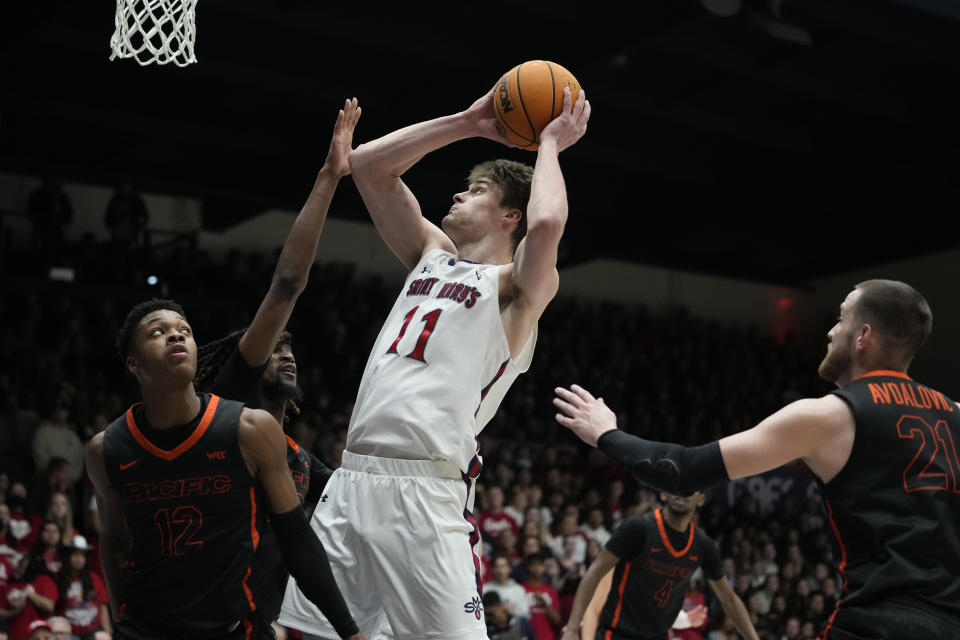 Saint Mary's center Mitchell Saxen (11) shoots against Pacific during the first half of an NCAA college basketball game in Moraga, Calif., Thursday, Feb. 23, 2023. (AP Photo/Godofredo A. Vásquez)