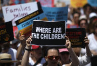 <p>Protesters march from Freedom Plaza to demonstrate against family detentions and to demand the end of criminalizing efforts of asylum seekers and immigrants June 28, 2018 in Washington, D.C. (Photo: Win McNamee/Getty Images) </p>