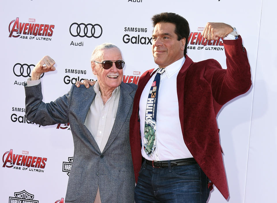 Executive producer and creator Stan Lee with and actor Lou Ferrigno at the premiere of Marvel's 'Avengers: Age of Ultron' at the Dolby Theatre on April 13, 2015, in Hollywood.