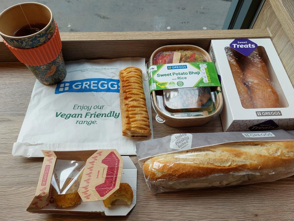 A selection of food and a drink from Greggs