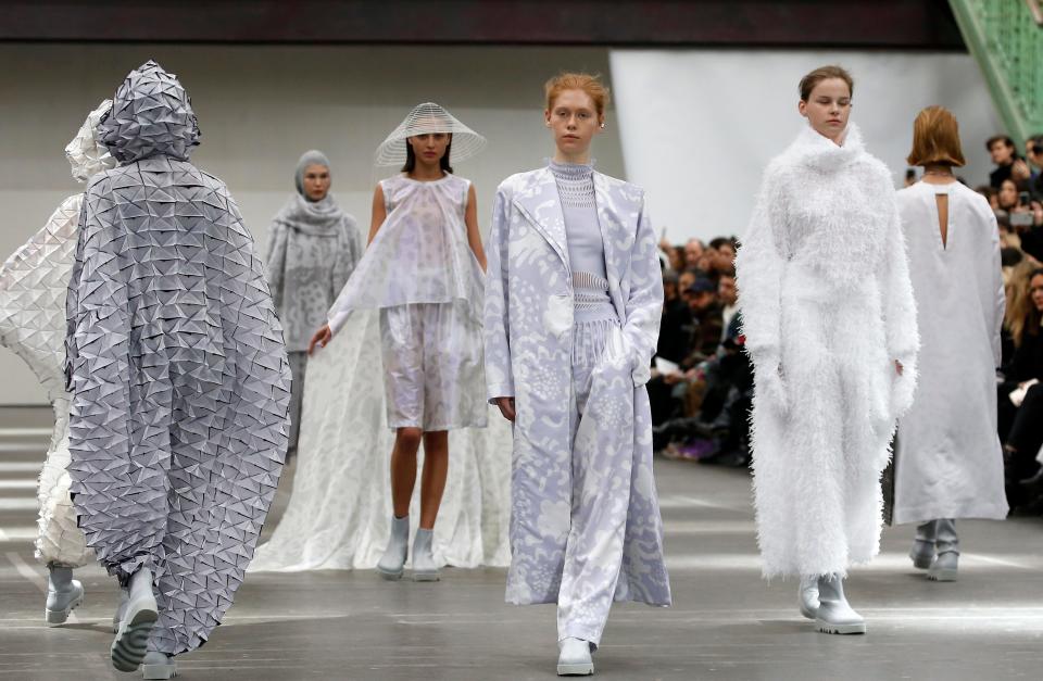 Models walk the runway during the Issey Miyake as part of the Paris Fashion Week Womenswear Fall/Winter 2020/2021 on March 01, 2020 in Paris, France.