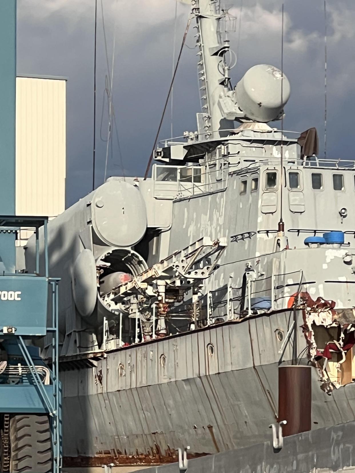 This photo, shared to Reddit's r/boating subreddit, shows the German corvette Hiddensee being scrapped at a shipyard in Bridgeport, Connecticut, on Oct. 11.