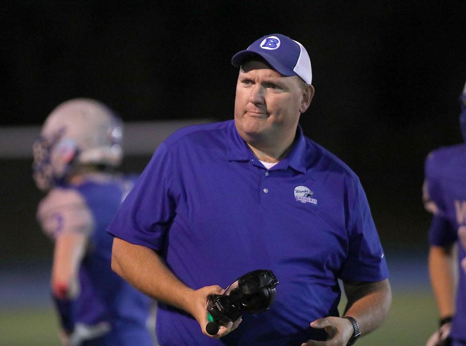 Braintree coach Brian Chamberlain looks on during a game against Weymouth on Friday, Oct. 22, 2021.