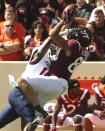 Virginia Tech wide receiver Kaleb Smith (80) attempts to catch a pass while guarded by Richmond's Aamir Hall (16) in the first half of the Richmond Virginia Tech NCAA college football game in Blacksburg, Va., Saturday, Sept. 25 2021. (Matt Gentry/The Roanoke Times via AP)