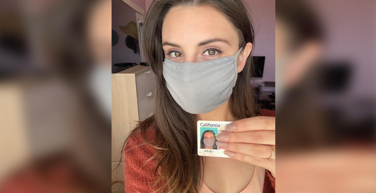 A California woman got a surprise when her new driver's license arrived in the mail with a photo of her in a mask. (Photo: Leslie Pilgrim)