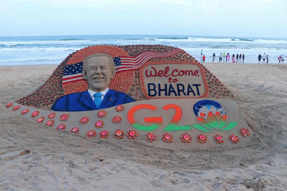 A sand sculpture created by Indian sand artist Sudarsan Pattnaik representing President Joe Biden's visit to India for the two-day G20 summit is pictured at Puri beach in India's Odisha state on Sept. 6, 2023.