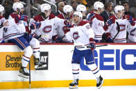 Montreal Canadiens' Jonathan Drouin (92) returns to the bench after scoring during the second period of an NHL hockey game against the Pittsburgh Penguins in Pittsburgh, Saturday, Nov. 27, 2021. (AP Photo/Gene J. Puskar)