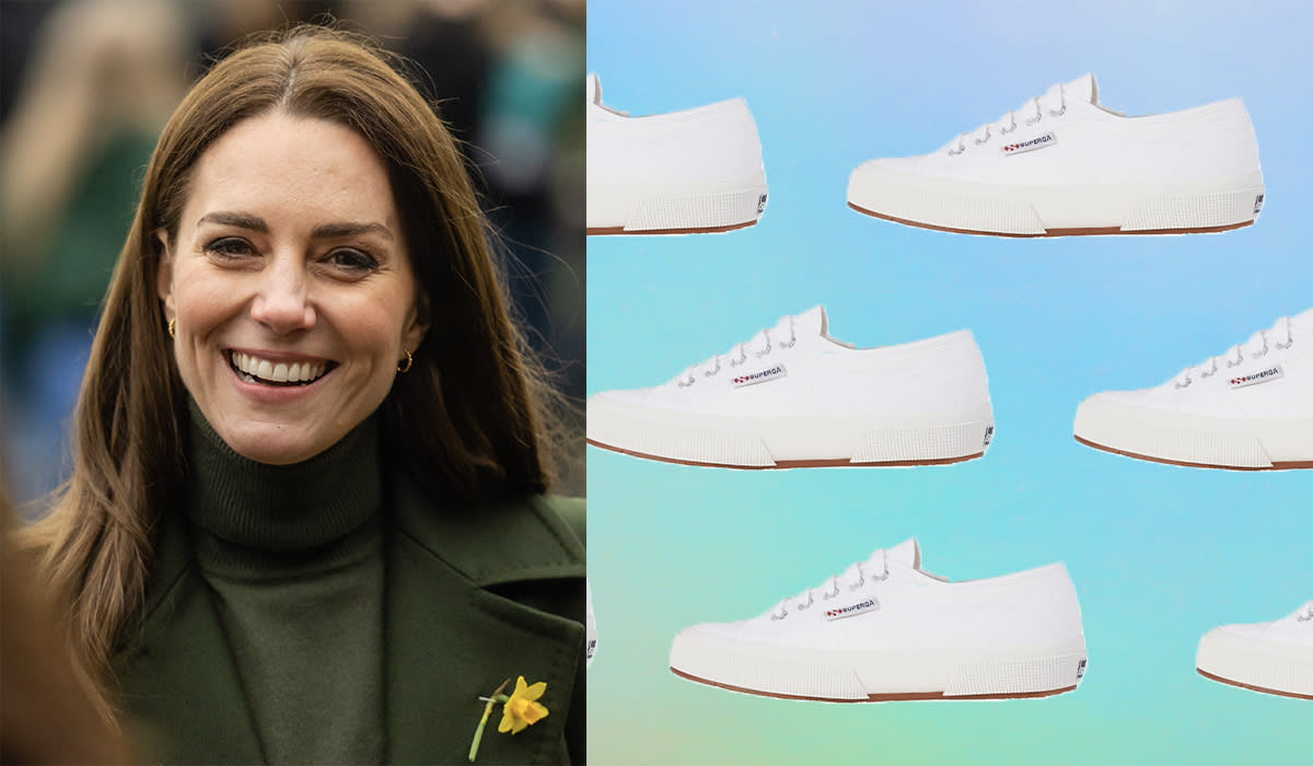 On the left: Kate Middleton smiling. On the right, low white sneakers.