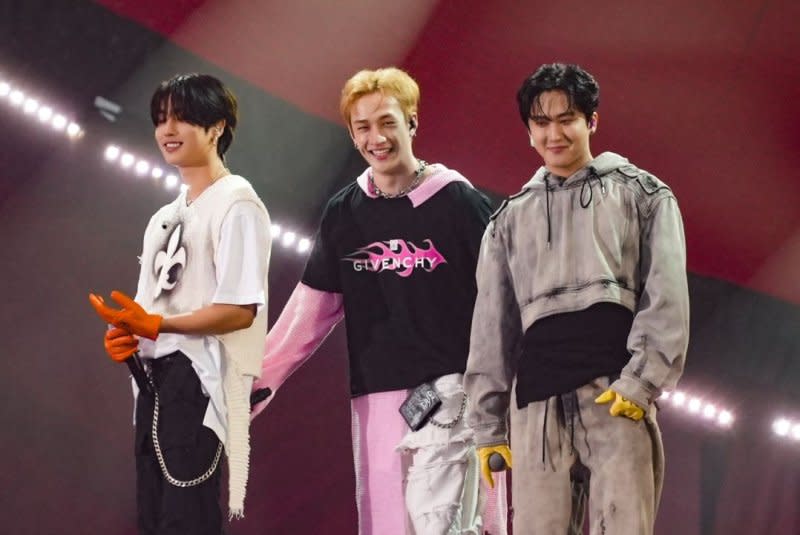 Left to right, Changbin, Bang Chan and Han from Stray Kids perform at Global Citizen Live in Central Park in New York City on September 23. File Photo by John Nacion/UPI