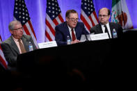 United States Trade Representative Robert Lighthizer, flanked by U.S. Chief Negotiator John Melle and U.S. General Counsel Stephen Vaughn, speaks at a news conference prior to the inaugural round of North American Free Trade Agreement renegotiations in Washington, U.S., August 16, 2017. REUTERS/Aaron P. Bernstein