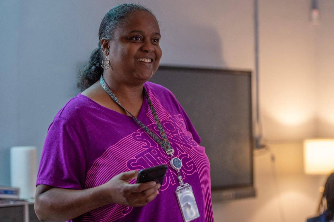 LaVeeda Simmons, lead children’s therapist, leads a group therapy class during summer camp at Newhouse on Tuesday, June 20, 2023, in Kansas City.