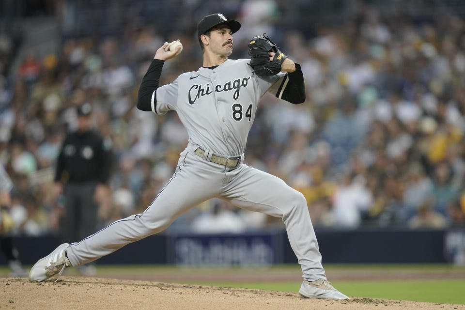 Chicago White Sox starting pitcher Dylan Cease works against a San Diego Padres batter during the third inning of a baseball game Saturday, Oct. 1, 2022, in San Diego. (AP Photo/Gregory Bull)