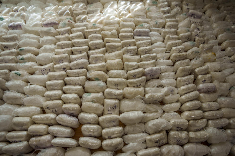Part of a haul of 1.8 tons of methamphetamine is displayed in Madrid, Spain, Thursday, May 16, 2024. Spanish police say they have dismantled a major methamphetamine distribution network of the Mexican Sinaloa cartel after making a bust of 1.8 tons of the illegal drug. (AP Photo/Manu Fernandez)
