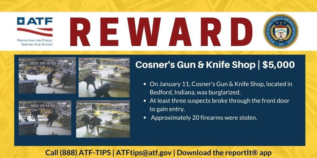 Security cameras captured the burglary at Cosner's Gun and Knife Shop, where authorities estimate 20 firearms were stolen.