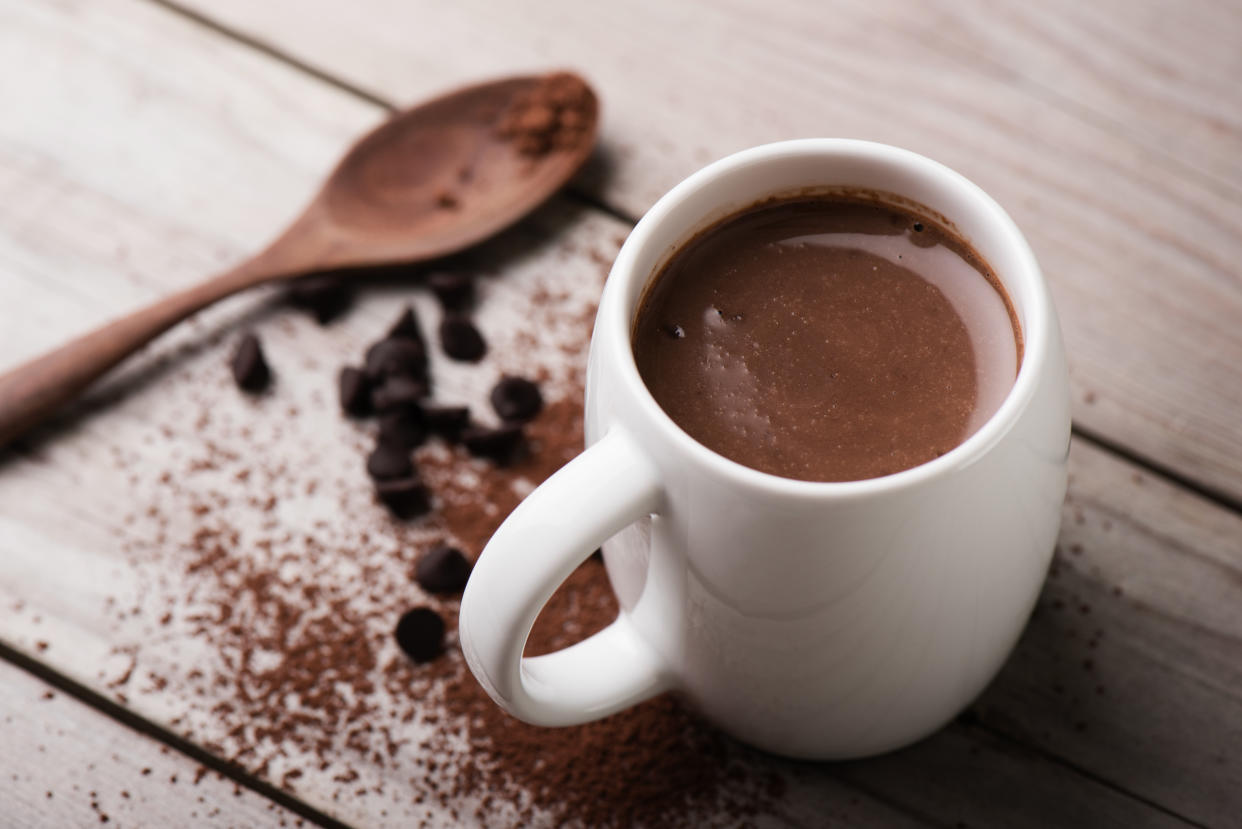 closeup hot chocolate in white mug (shallow depth of field)