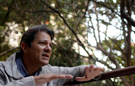 Former Sao Paulo mayor Fernando Haddad speaks during an interview with Reuters in Sao Paulo, Brazil, April 17, 2018. Picture taken April 17, 2018. REUTERS/Leonardo Benassatto