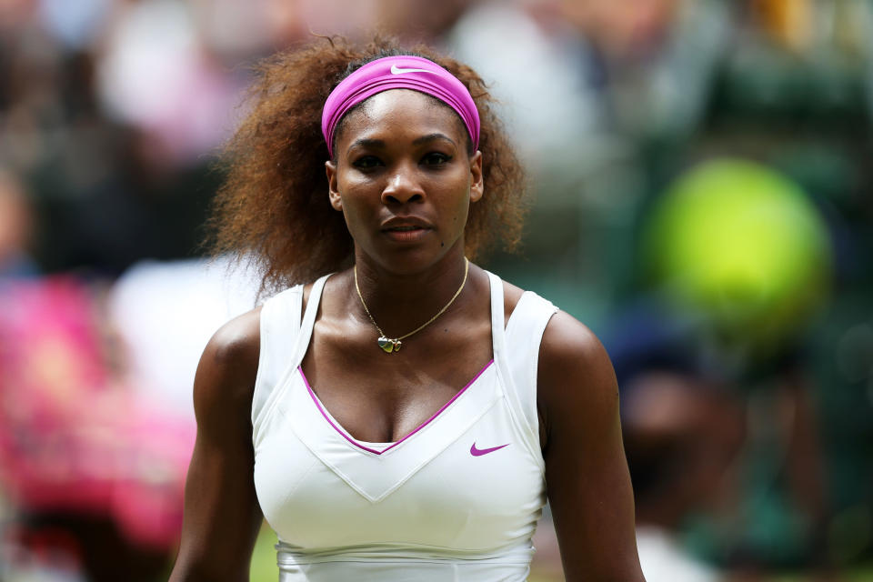 Serena Williams of the USA looks on during her Ladies Singles final match against Agnieszka Radwanska of Poland on day twelve of the Wimbledon Lawn Tennis Championships at the All England Lawn Tennis and Croquet Club on July 7, 2012 in London, England. (Photo by Clive Rose/Getty Images)