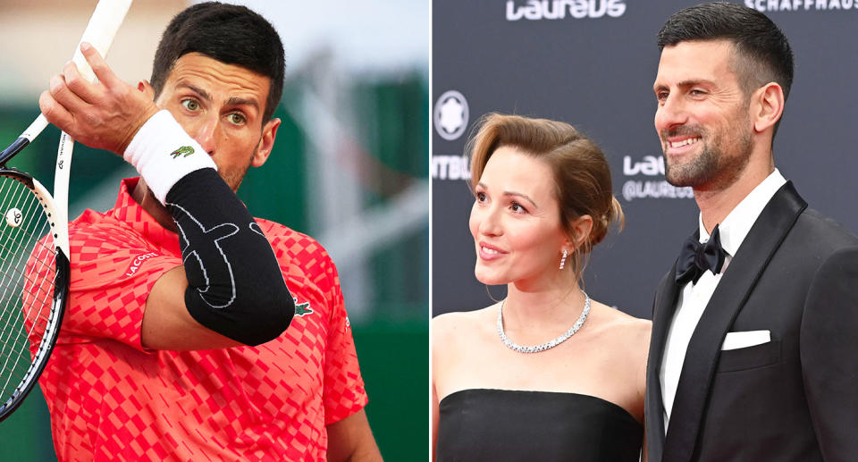Pictured left is tennis star Novak Djokovic at the Monte Carlo Masters and right with his wife Jelena.