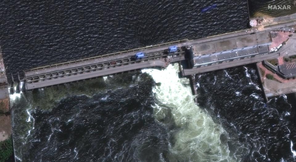 This satellite image provided by Maxar Technologies shows an overview of the Kakhovka dam in southern Ukraine on June 5, 2023